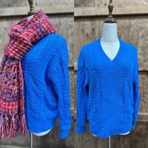 J.Crew Cable Knit V-Neck Sweater XS Sail Blue Cotton Pullover Classic Preppy